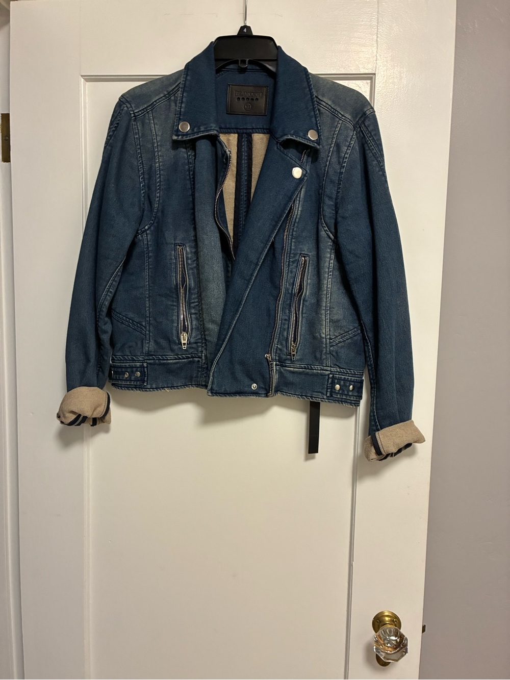Blank NYC Indigo Denim Moto Jacket with Tan Cuff Lining